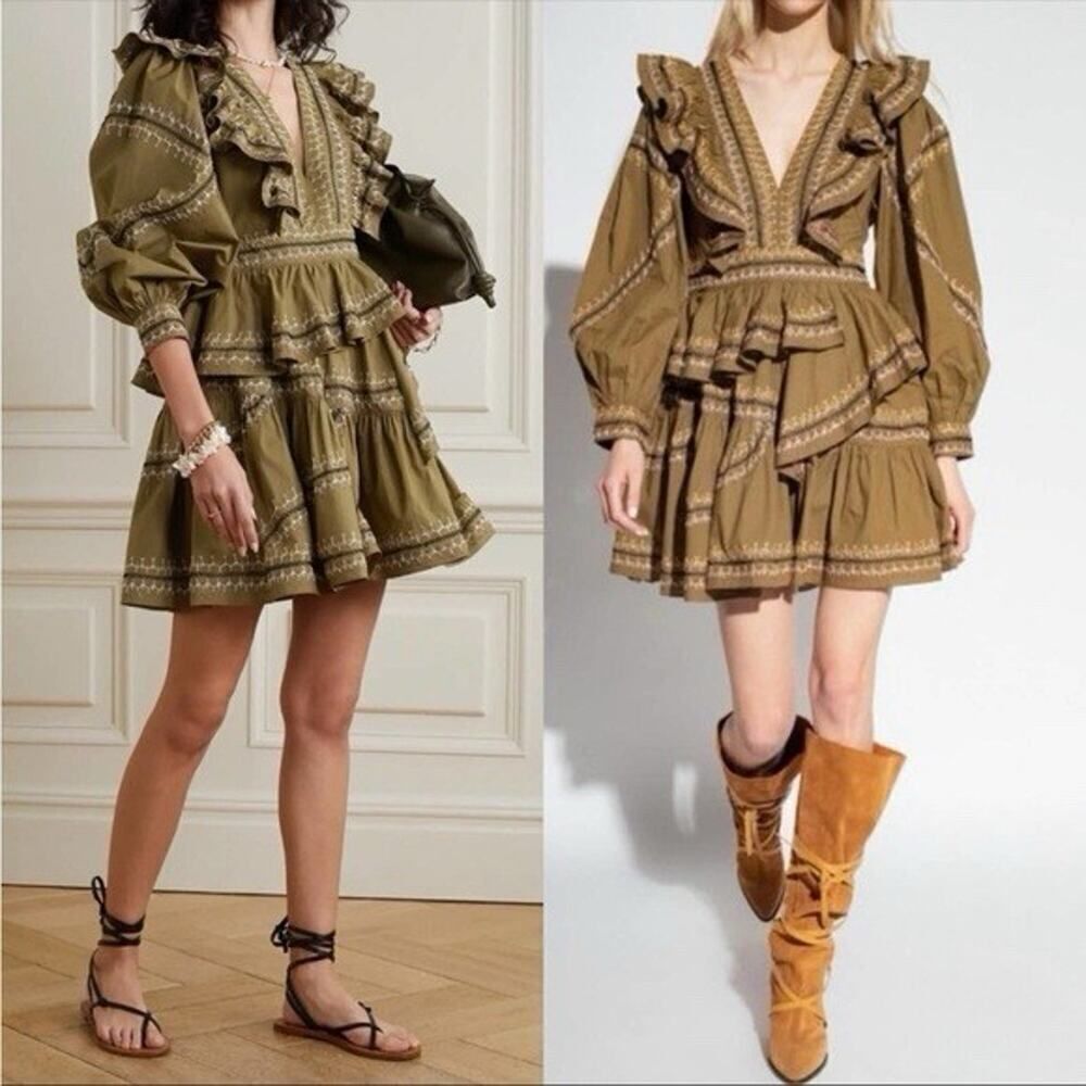 Ulla Johnson Olive Anais Embroidered Ruffle Mini Dress Size 6 Cotton Boho Chic - Picture 1 of 16